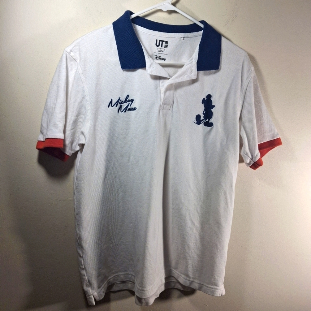 EUC UT Uniqlo Unisex White Short Sleeve Mickey Mouse Polo Shirt Size L